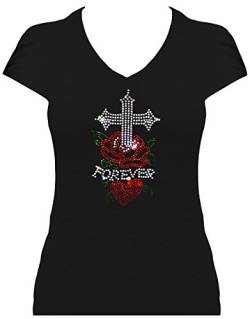 Elegantes Shirt Damen Kreuz mit Rose Forever Gothic Elegantes Damen Strass T-Shirt Faith. T-Shirt. Grösse XXL. schwarz von BlingelingShirts