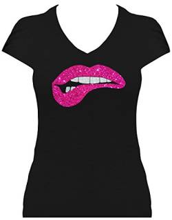 Elegantes Shirt Damen Premium Damen grosser Kussmund Glitzeraufdruck. T-Shirt. Grösse S. Druck pink Glitzer von BlingelingShirts
