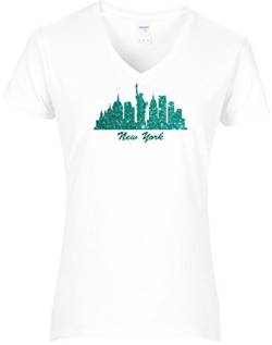 Elegantes Shirt Damen USA Shirt Damen New York Skyline mit Freiheitsstatue Glitzeraufruck Jade. T-Shirt weiß. Grösse M von BlingelingShirts