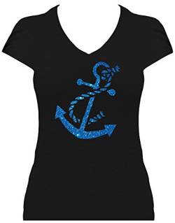 Elegantes Shirt Damen grosser Anker Glitzeraufdruck edles maritimes Shirt Damen Anchor. T-Shirt. Grösse S. schwarz-blau von BlingelingShirts