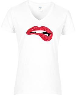 Elegantes Shirt Damen grosser Kussmund ROT Glitzeraufdruck Lippen Bite Kiss Junggesellinnenabschied T-Shirt. T-Shirt weiß. Grösse L von BlingelingShirts