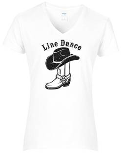 Shirt Damen Line Dance Schriftzug mit Cowboystiefel und Cowboyhut Glitzerdruck Western Fun Shirt. T-Shirt Weiss Druck schwarz GL. Grösse XXL. von BlingelingShirts