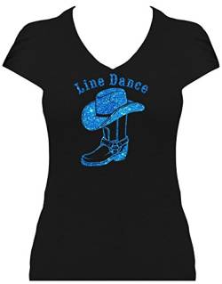 Shirt Damen Line Dance Schriftzug mit Cowboystiefel und Cowboyhut Glitzerdruck Western Fun Shirt. T-Shirt schwarz Druck blau GL. Grösse L. von BlingelingShirts