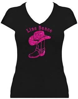 Shirt Damen Line Dance Schriftzug mit Cowboystiefel und Cowboyhut Glitzerdruck Western Fun Shirt. T-Shirt schwarz Druck pink GL. Grösse XXL. von BlingelingShirts