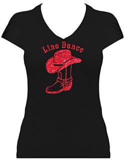 Shirt Damen Line Dance Schriftzug mit Cowboystiefel und Cowboyhut Glitzerdruck Western Fun Shirt. T-Shirt schwarz Druck rot GL. Grösse XL. von BlingelingShirts