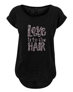 Blingelingshirts Damen Fun Shirt Friseurin Sprüche Love is in The Hair Shirt, schwarz Strass Kristall, Gr. 2XL Evi von Blingelingshirts