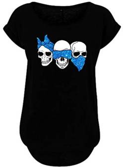 Blingelingshirts Damen Fun Shirt Glitzer Totenkopf 3 Skulls Nicht hören Nichts sehen Nichts Sagen Totenköpfe Skull mit blau. schwarz. Gr. L Evi von Blingelingshirts