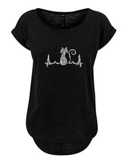 Blingelingshirts Damen Fun Shirt Herzlinie mit Katze Herzschlag EKG Katze Kater Love Cats Katzenmama, schwarz, Gr. M Evi von Blingelingshirts