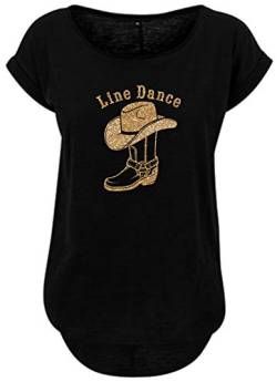 Blingelingshirts Damen Fun Shirt Line Dance Schrifzug mit Cowboystiefel und Hut in Gold Glitzer. schwarz. Gr. S Evi von Blingelingshirts