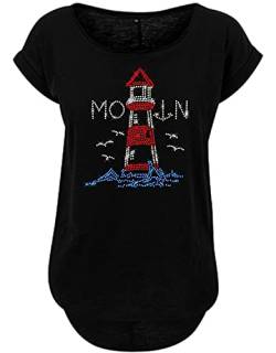 Blingelingshirts Damen Fun Shirt Moin mit Anker und Leuchtturm Strass Seefahrt Hafen Segeln Schiffe. schwarz. Gr. XL Evi von Blingelingshirts