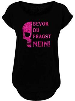 Blingelingshirts Damen Fun Shirt Totenkopf Sprüche Bevor Du fragst Nein pink Glitzer Skull Fun Shirt. schwarz. Gr. S Evi von Blingelingshirts