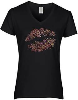 Blingelingshirts Damen Shirt Kussmund Rainbow Strass Mund Glitzer Regenbogen Lippen JGA Party Malle CSD Shirt V-Neck. Gr. L PR schwarz von Blingelingshirts