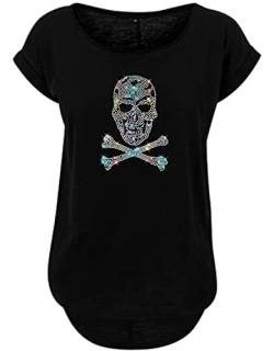 Blingelingshirts Fun Shirt Totenkopf Damen Knochen Regenbogen Strass Skull with Bones Totenkopfshirt, schwarz, Gr. 2XL Evi von Blingelingshirts