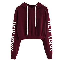 Blingko Damen Kapuzenpullover Kurz Sweatjacke Cropped Kapuzenjacke Hoodie Pullover Mädchen Bauchfrei Sweatshirt mit Kapuze Jacke Casual Langarm Shirts Kordelzug Oberteil Bluse Tops Streetwear, B*wein von Blingko