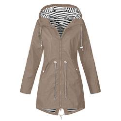 Blingko Damen Regenjacke Funktionsjacke Leichte Wasserdicht Atmungsaktiv Regenparka mit Kapuze Große Größen Sport Kapuzenpullover übergangs Jacken Langarm Mantel für Frauen, Khaki, XXL von Blingko