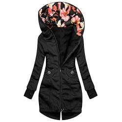 Blingko Damen Übergangsjacke Mode Drucken Stoffjacke Herbst Winter Outdoorjacke mit Einstellbarer Kordelzug Mäntel Leicht Parka Lang Sweatjacke Langarm Sweatshirt Winddicht Outwear, Schwarz von Blingko