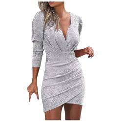 Blingko Party Kleider Damen Einfarbig Glitzerkleid Frauen Wrap Minikleid Langärmelig Glitzer Kleid Trägerlose Chiffonkleid Wickelkleid Etuikleid Bodycon Kleid, Silber, L von Blingko