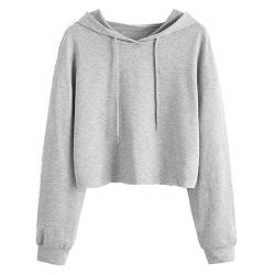 Blingko Pullover Damen Kurz Sweatjacke Cropped Kapuzenjacke Hoodie Cropped Mädchen Bauchfrei mit Kapuze Kurz Jacke Casual Langarm Shirts Kordelzug Oberteil Bluse Tops Streetwear, C*grau, XS von Blingko