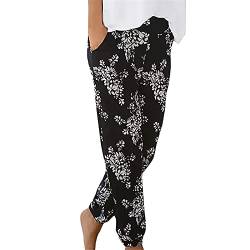 Blingko Sommerhose Damen Leicht Strand Haremshose Aladin Blume Drucken Pumphose Oversize Baggy Blumenmuster Boho Lange Hose Stoffhose Ballonhose Pluderhose Gedruckten Yogahose, D*schwarz, XL von Blingko