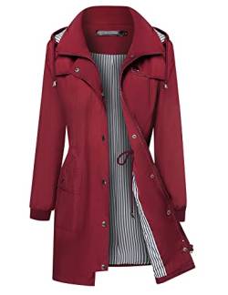 Bloggerlove Damen Regenmäntel Windbreaker Regenjacke Wasserdicht Leicht Outdoor Kapuze Trenchcoats S-XXL, Weinrot, XXL von Bloggerlove