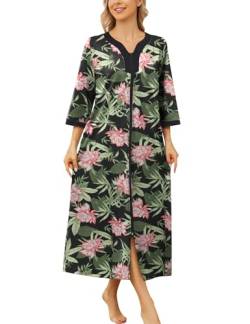 Bloggerlove Hauskleider für Damen Robe Lange Zip Up Hausmantel Halbarm Nachtkleider Bequeme Nachtwäsche Print Loungewear, Long-Pat3-grüne Blätter auf Schwarz, Medium von Bloggerlove