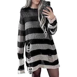 Blooming Beauty Damen Gothic Punk Grunge Pullover Langarm Rundhals Oversize Gestreifte Zerrissene Lange Strickpullover Pulloverkleid Longpullover Oberteile Tops (Einheitsgröße, Grau) von Blooming Beauty