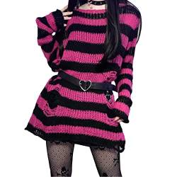 Blooming Beauty Damen Gothic Punk Grunge Pullover Langarm Rundhals Oversize Gestreifte Zerrissene Lange Strickpullover Pulloverkleid Longpullover Oberteile Tops (Einheitsgröße, Rosa) von Blooming Beauty