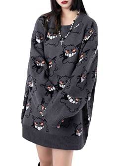 Blooming Beauty Damen Teenager Oversize Strickkleid Pulloverkleid Rundhals Langarm Lange Strickpullover Japanese Anime Graphic Longpullover Oberteile Tops (L, Dunkelgrau) von Blooming Beauty