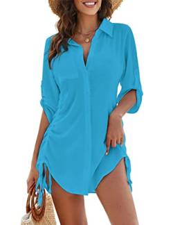 Blooming Jelly Damen Badeanzug Cover Ups Bikini Badeanzug Coverup Kordelzug Knopfleiste Strandkleid Shirt, Pfauenblau, Medium von Blooming Jelly