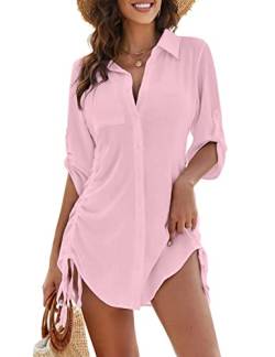 Blooming Jelly Damen Badeanzug Cover Ups Bikini Swimsuit Coverup Kordelzug Button Down Strandkleid Shirt, Pink, Mittel von Blooming Jelly