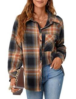 Blooming Jelly Damen Button-Down-Shirts Flanell Plaid Shacket Langarm Casual Herbst Tops Blusen, plaid, Mittel von Blooming Jelly