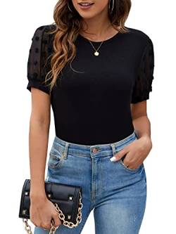 Blooming Jelly Damen Kurzarmbluse Business Casual Elegant Tops Gerippt Sommer Stilvoll Arbeitshemden, schwarz, Groß von Blooming Jelly