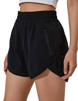Blooming Jelly Damen-Laufshorts mit hoher Taille, sportliche Workout-Shorts, schnell trocknende Hose mit Reißverschlusstasche, schwarz, Mittel von Blooming Jelly