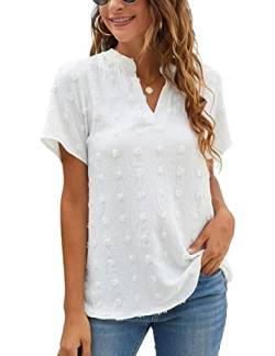 Blooming Jelly Weiße Chiffon-Blusen für Damen, kurzärmelig, V-Ausschnitt, Sommer-Shirt, lässig, gepunktet - Weiß - Groß von Blooming Jelly