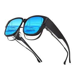Bloomoak Polarisierte Überbrille, blendfrei, UV-400-Schutz, für Herren und Damen, zum Umwickeln, Sonnenbrille, Überziehhilfe, geeignet zum Autofahren, Angeln, Golf,Schwarzer Rahmen/Eisblaue Gläser von Bloomoak