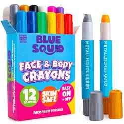 Kinderschminke Face Paint Kreiden Set | 12 Farben kein Durcheinander, drehbare Farbstifte | Beste Qualität Body Painting Set | Körperfarbe für Kinder von Blue Squid (12 Crayons) von Blue Squid