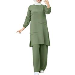 Bluelucon Damen Kleid Muslimisches Einfarbig zweiteiliges Set,damen Lose hose und Komfortabel top Islamisches kleidung kostüm damen elegant 2 teiler Grün,3XL von Bluelucon