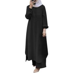 Bluelucon Damen Muslimisches Einfarbig zweiteiliges Set,damen Lose hose und Knöpfen top Islamisches kleidung kostüm damen elegant 2 teiler für Ramadan,Party,Lässig,Abend Schwarz,4XL von Bluelucon