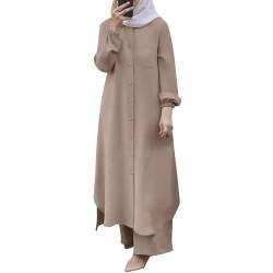 Bluelucon Damen Muslimisches Einfarbig zweiteiliges Set,damen Lose hose und Knöpfen top Islamisches kleidung kostüm damen elegant 2 teiler für Ramadan,Party,Lässig,Abend khaki,3XL von Bluelucon