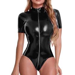 Bluelucon Damen Wetlook Dessous Set Lackleder BH Crop Top mit Kette String Body Unterwäsche Clubwear mit Neckholder PU Leder Halsband String Body Unterwäsche e-Schwarz 4XL von Bluelucon