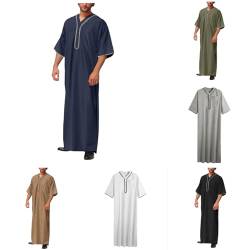 Bluelucon Herren Muslim Kaftan,Einfarbig Roben Kurzarm Abaya Kaftan Rundhals Knöchellange Kleidung Abaya Marine,5XL von Bluelucon