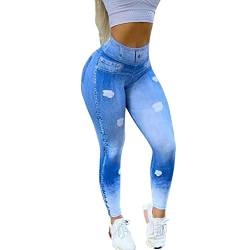 Bluelucon Jeans Look-Damen Performance Aktiv Leggings Kompressionshosen Hintern Heben Yoga Hose Lässige Bequeme Sporthose Elastische Stretch Jogginghose Passend für Sport Yoga Fitness BL1622 von Bluelucon