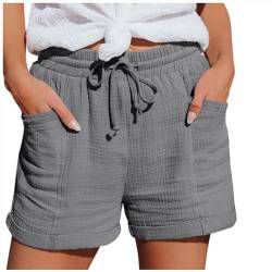 Bluelucon Shorts Damen Sommer Stretch Freizeit Kordelzug Shorts Leinen Musselin Kurze Hose Leinenhose Beach Shorts Mit Taschen Mode Lässige Elastische hohe Taille Shorts #02_Grau,L von Bluelucon