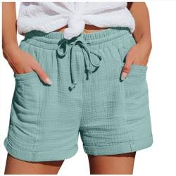 Bluelucon Shorts Damen Sommer Stretch Freizeit Kordelzug Shorts Leinen Musselin Kurze Hose Leinenhose Beach Shorts Mit Taschen Mode Lässige Elastische hohe Taille Shorts #02_Grün,L von Bluelucon