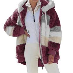 Bluelucon Teddymantel Frauen Lang Braun Neu Weinrot Plüschjacke Plüsch Verdicken Plüschmantel mit Kapuze Sherpa Fuzzy Pullover Funktionsmäntel Dickere Herbstjacke Warm Teddy Fleecejacke Steppmantel von Bluelucon