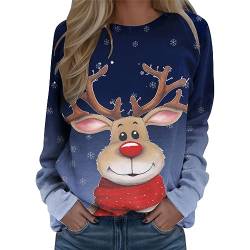 Damen Pullover Weihnachten Casual Christmas Pulli Damen Tops mit Weihnachtsmotiv Rentier Drucken Longpullover für Damen Christmas Sweatshirt Dunkelblau XXL von Bluelucon