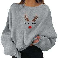 Damen Weihnachten Sweatshirt Rundhals Langarm Weihnachtsbaum Druck Xmas Pullover Lustig Damen Baumwolle Ugly Christmas Sweater Damen Weihnachtstops Grey XXL von Bluelucon