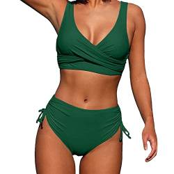 Damen Zweiteiliger Badeanzug V Ausschnitt einfarbig Bauchkontrolle Bademode Trend Sommer Kordelzug Side Bikini Sets Zweiteilige Bademode Sommermode Swimsuit S-XXL #03_Grün,XL von Bluelucon