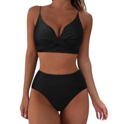 Damen Zweiteiliger Badeanzug V Ausschnitt einfarbig Bauchkontrolle Bademode Trend Sommer Kordelzug Side Bikini Sets Zweiteilige Bademode Sommermode Swimsuit S-XXL #04_Schwarz,XXL von Bluelucon