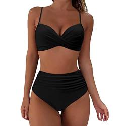 Damen Zweiteiliger Badeanzug V Ausschnitt überkreuztes einfarbig Bauchkontrolle Bademode Trend Sommer Bikini Sets Zweiteilige Bademode Sommermode Swimsuit S-XXL #01_Schwarz,XXL von Bluelucon